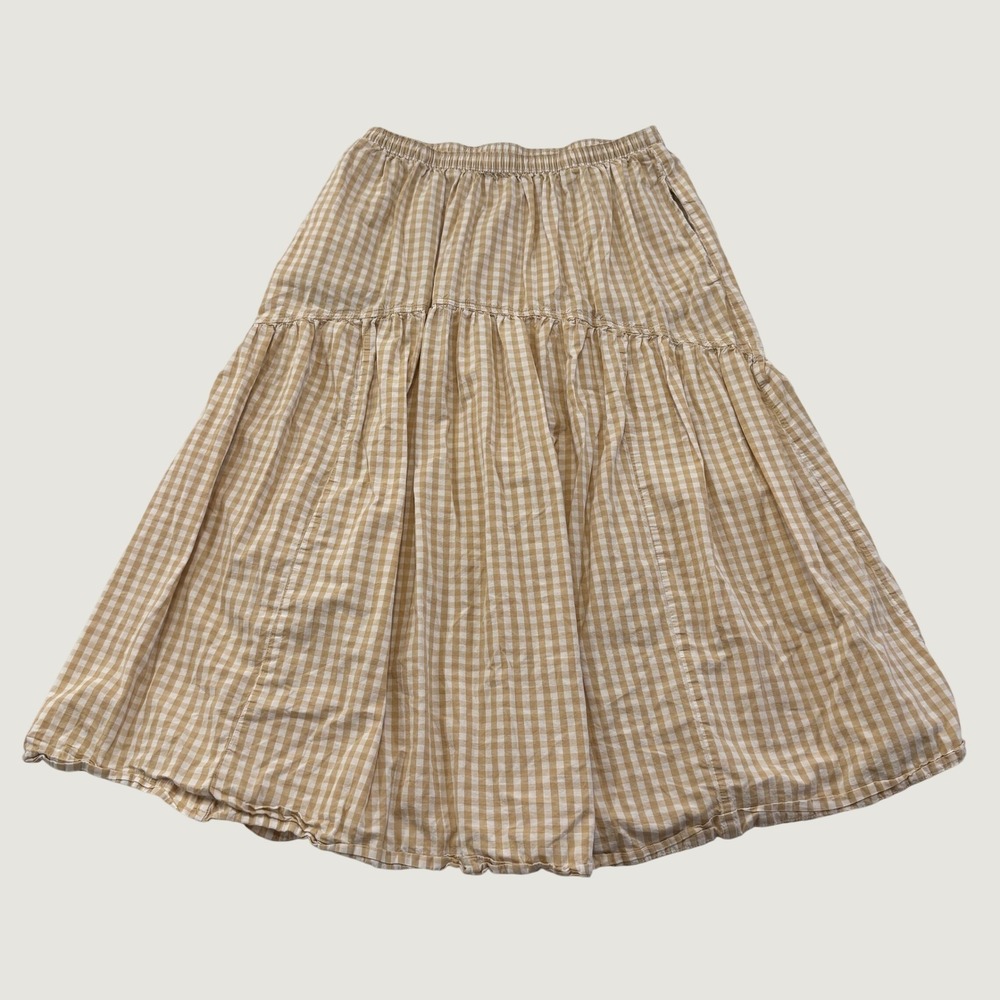 Old Navy Midi Skirt Womens Large Tan White Gingham Tiered Elastic Waist Pockets